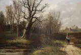 Wooded landscape with woman on a path by Abraham Hulk Jnr, oil on canvas, sold Nov 2021