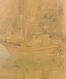 Fishing boat in harbour by Leonard Baskin, mixed media on paper, offered Nov 2021
