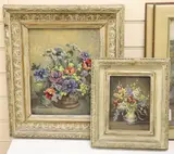 Still lifes of flowers in vases by Josephine Aveline, oil, sold Nov 2021