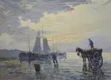 Dutch fisherfolk at low tide, indistinctly signed, 50 x 70cm 49cm x 69cm by William Hendrik Van Norden, oil on canvas, sold Nov 2021