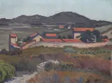 Mediterranean landscape with red roof tops by Numa Donzé, oil on canvas, sold Nov 2021