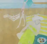 Girls on the beach 1984 by Brenda Lenaghan, watercolour, sold Nov 2021