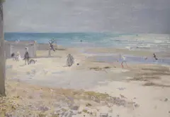 Beach Scene, inscribed verso, 24 x 34cm by Kate Elizabeth Olver, oil on board, sold Nov 2021
