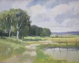 Landscape with trees beside a pond by Norman Battershill, oil on board, sold Nov 2021
