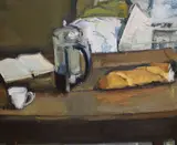 Coffee Pot and Newspapers by Nicholas Volley, oil on canvas, sold Nov 2021