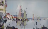 Fishing boats in harbour by George Richard Deakins, oil on board, sold Nov 2021