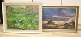 Abstract landscape 1964 and Farmyard, Graas, France, both signed, 40 x 60cm and 44 x 60cm by Michael Cadman, oil, sold Nov 2021