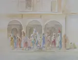 Italian street scene with water carriers by Lincoln Seligman, 1981, watercolour, offered Nov 2021