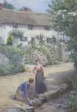 Women beside a stream, cottages beyond by William Harris Weatherhead, 1891, watercolour, sold Nov 2021