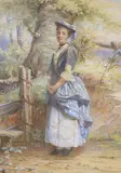 Young woman beside a stile by William Harris Weatherhead, 1877, watercolour, sold Nov 2021