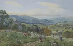 Shepherd and flock on the downs by John Mole, watercolour, sold Nov 2021