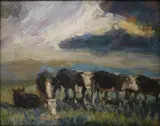 Cattle grazing by George Manchester, oil on card, sold Oct 2021