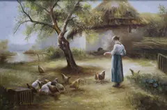 ‘’Feeding the chickens’’ by C. Garnier, oil on canvas, offered Oct 2021