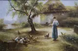 ‘’Feeding the chickens’’ by C. Garnier, oil on canvas, offered Oct 2021