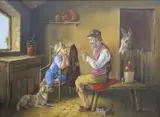 Interior scene with figures, a donkey and a dog by Bernard Page, oil on canvas, sold Oct 2021