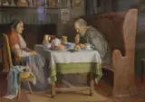 The Evening Meal by Henry Spernon Tozer, 1920, watercolour, sold Oct 2021
