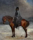 Cavalryman on horseback in winter by Jul. Harrabach, oil on board, sold Oct 2021