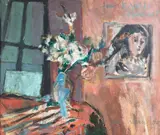 Flowers on tabletop by Myrta Fisher, oil on canvas, sold Oct 2021