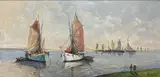 Fishing boats along the coast by Marcel Catelein, oil on canvas, sold Oct 2021