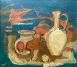 Still life with jug by Myrta Fisher, oil on board, sold Oct 2021