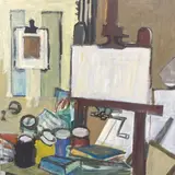 Artists easel by Myrta Fisher, oil on board, sold Oct 2021