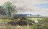 Landscape with figures picking blackberries by George Shalders, watercolour, sold Oct 2021