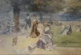 Figures in a park by John Sanderson-Wells, watercolour, sold Oct 2021