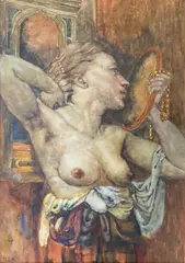 Girl admiring herself in a mirror, monogrammed, Julian Hartnell label verso, 34x24cm by Noel Laura Nisbet, watercolour, sold Oct 2021