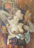 Girl admiring herself in a mirror, monogrammed, Julian Hartnell label verso, 34x24cm by Noel Laura Nisbet, watercolour, sold Oct 2021
