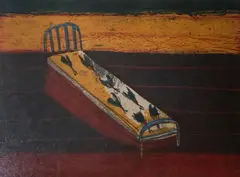 One narrow bed by Andre Jackowski, 2000, etching and aquatint, sold Oct 2021