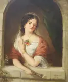 Young lady in an archway by Edwin Frederick Holt, 1855, oil on board, offered Oct 2021