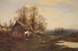 Woman passing Thatched Cottages by Walter Wallor Caffyn, oil on canvas, sold Oct 2021