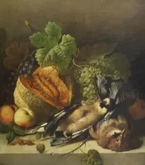 Still life of fruit with dead jays by Max Correggio, oil on canvas, sold Oct 2021