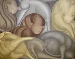 Sleeping cats, unsigned, 67 x 82cm by Margaret Benecke, oil on canvas, sold Oct 2021