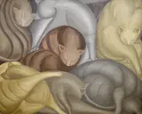 Sleeping cats, unsigned, 67 x 82cm by Margaret Benecke, oil on canvas, sold Oct 2021