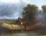 Figures beside a cottage in a landscape by Patrick Naysmyth, oil on board, sold Oct 2021