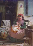 Cottage interior with mother and child by E. S. Grigg, oil on canvas, sold Oct 2021