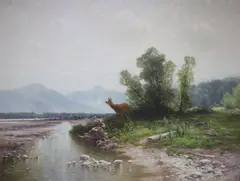 Deer in a landscape by Ludwig Skell, oil on canvas, sold Oct 2021