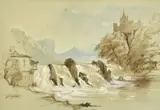 The Rheinfall (Rhine Falls, Switzerland), pen and ink with watercolour and bodycolour, 6.75" x 9.75 by James Duffield Harding, ink, offered Feb 2023