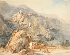 A coastal cliffside town with fishermen in the bay below by William Page, watercolour, sold Feb 2023
