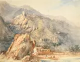 A coastal cliffside town with fishermen in the bay below by William Page, watercolour, sold Feb 2023
