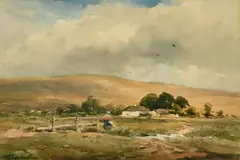 British, A figure traversing a country path with a building and hills beyond by Wycliffe Egginton, watercolour, sold Feb 2023