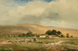 British, A figure traversing a country path with a building and hills beyond by Wycliffe Egginton, watercolour, sold Feb 2023