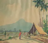 Malaysian, Figures carrying produce on their heads with a mountain beyond, Malaya by Abu Bakar Ibrahim, watercolour, offered Feb 2023