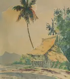 Malaysian, A dwelling with a palm tree beside water, Malaya by Abu Bakar Ibrahim, watercolour, offered Feb 2023