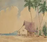 Malaysian, A dwelling on the beach with palm trees, Malaya by Abu Bakar Ibrahim, watercolour, offered Feb 2023