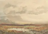 A gathering of water in a landscape with mountains beyond by Arthur Tozer, watercolour, sold Feb 2023