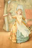 British, A young girl playing with a shuttlecock in a lavish interior by Eleanor E. Manly, watercolour, offered Feb 2023