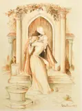 British, figures in embrace outside a church by James Arthur Morris, watercolour, offered Feb 2023