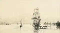 British, shipping off a coast by Harold Wyllie, etching, sold Jan 2023